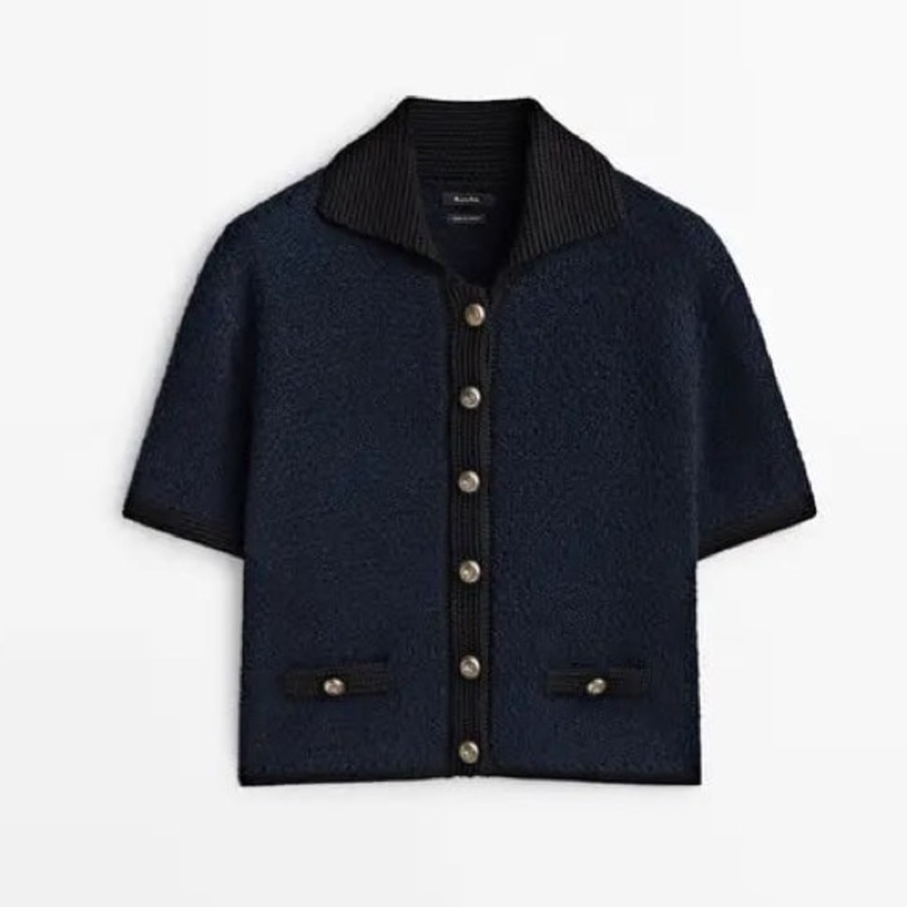 Massimo Dutti Textured knit polo sweater with gold-toned buttons